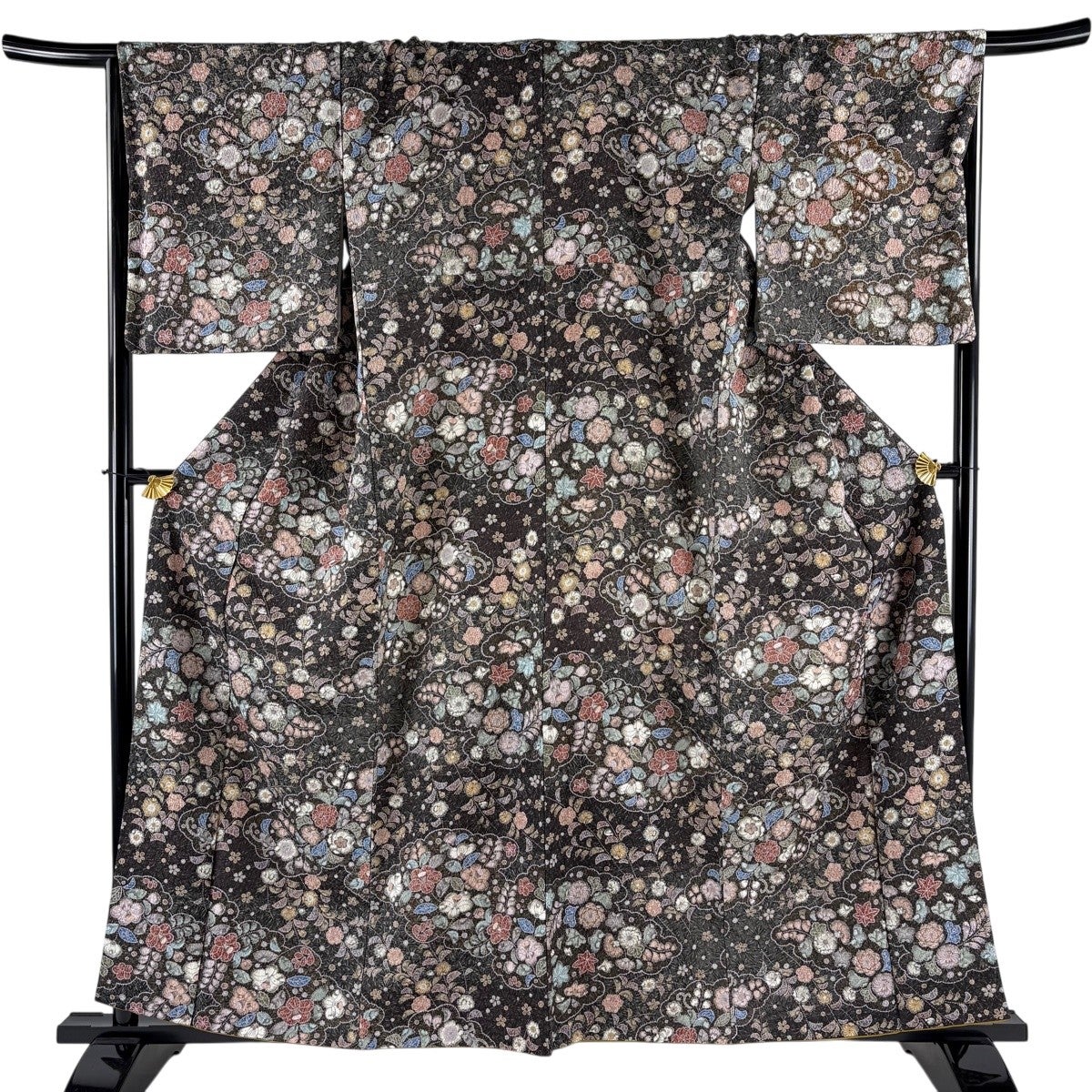美品】 小紋 身丈162.5cm 裄丈67cm M 袷 紬地 花 焦茶色 正絹 秀品