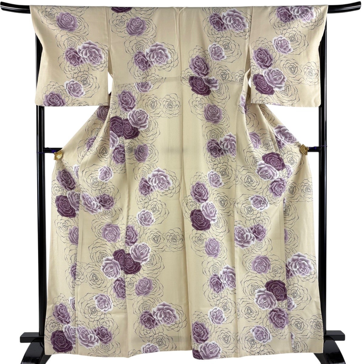 小紋 身丈168cm 裄丈68cm L 袷 洗える着物 薔薇 ベージュ 化繊 優品