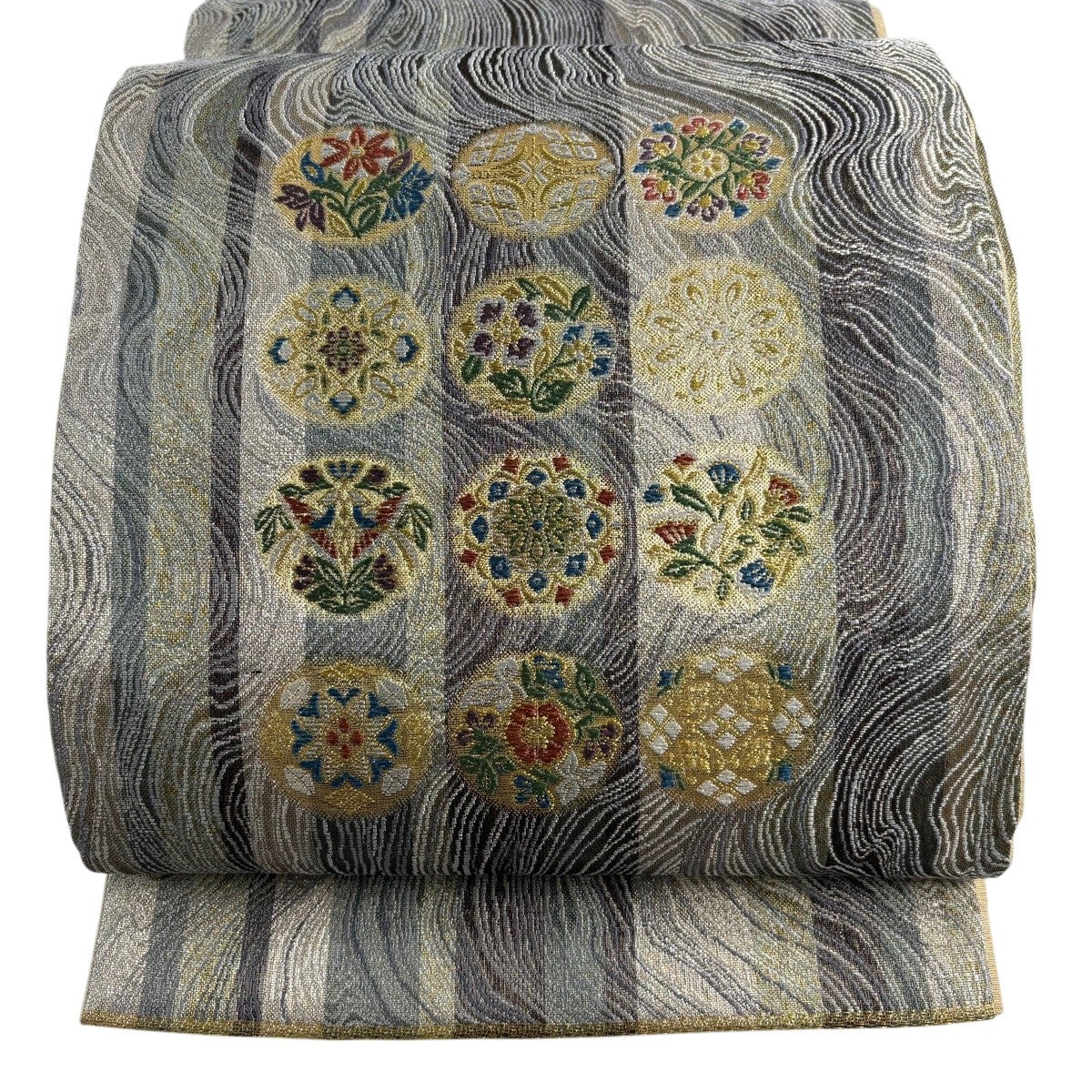 美品】 袋帯 名品 花鳥 縞 金銀糸 箔 灰色 六通 正絹｜中古・古着
