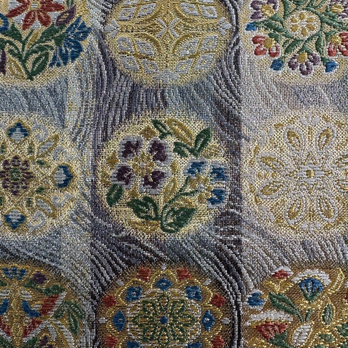 美品】 袋帯 名品 花鳥 縞 金銀糸 箔 灰色 六通 正絹｜中古・古着