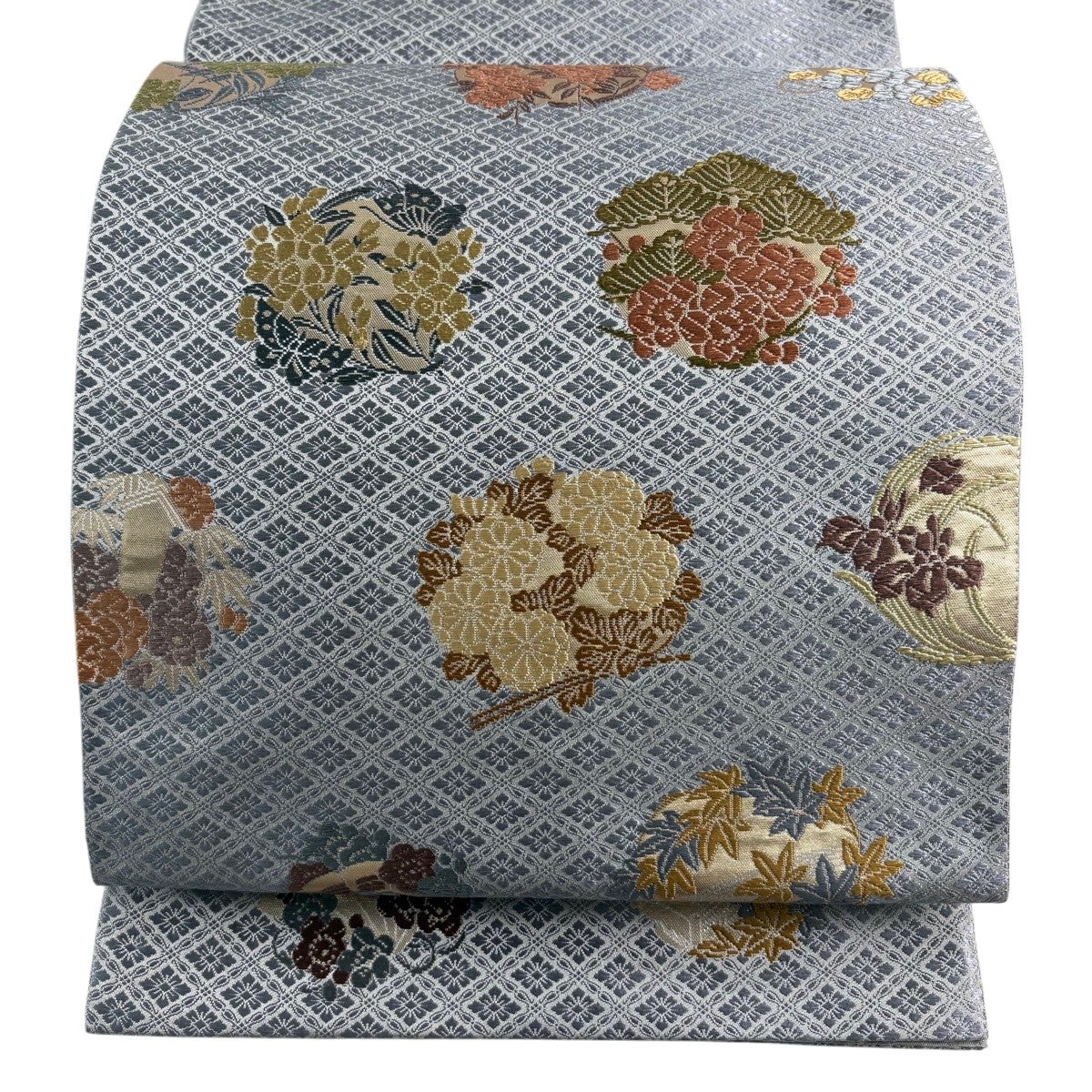 袋帯 名品 花丸文 花菱 箔 薄紫 お太鼓柄 正絹｜中古・古着