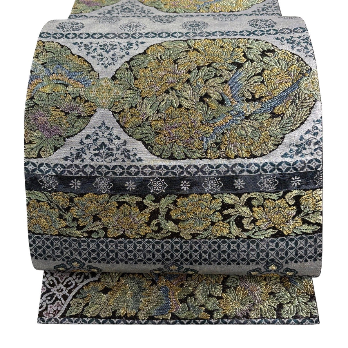 510my6▲宝相華 鳥 花唐草 華文小花文様 金糸 袋帯▲美品 美品】 袋帯 秀品 華文 花鳥 金糸 箔 金色 六通 正絹｜中古・古着