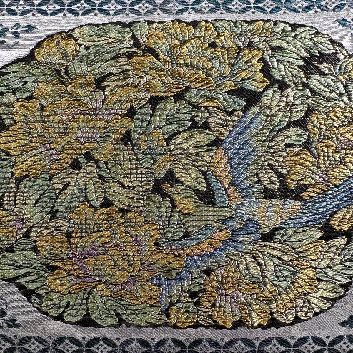 【未使用品】袋帯　金箔地　美しい花　青金　超柔らかめ 美品】 袋帯 名品 花鳥 七宝 金糸 箔 青灰色 六通 正絹｜中古・古着