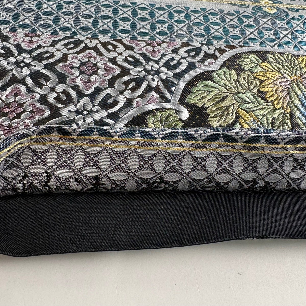 美品】 袋帯 名品 花鳥 七宝 金糸 箔 青灰色 六通 正絹｜中古・古着