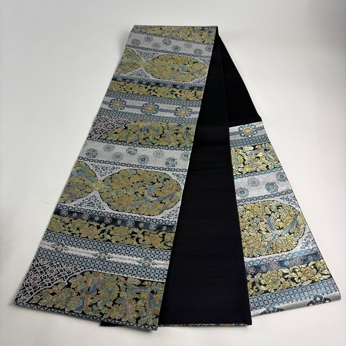 美品】 袋帯 名品 花鳥 七宝 金糸 箔 青灰色 六通 正絹｜中古・古着