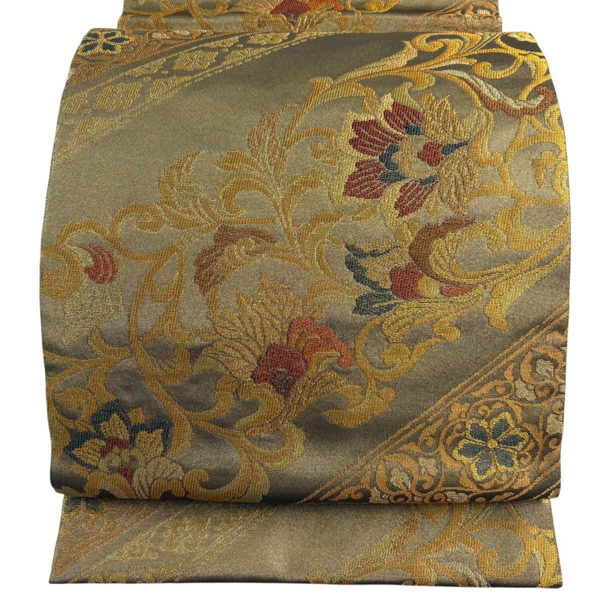 美品】 袋帯 名品 落款あり 御寮織 花唐草 金糸 箔 金色 六通 正絹
