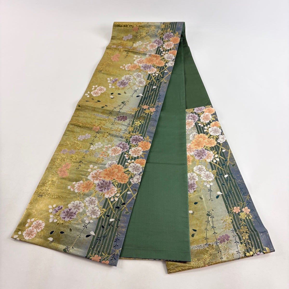 袋帯 秀品 桜 霞 箔 唐織 鶯色 六通 正絹｜中古・古着・リサイクル着物