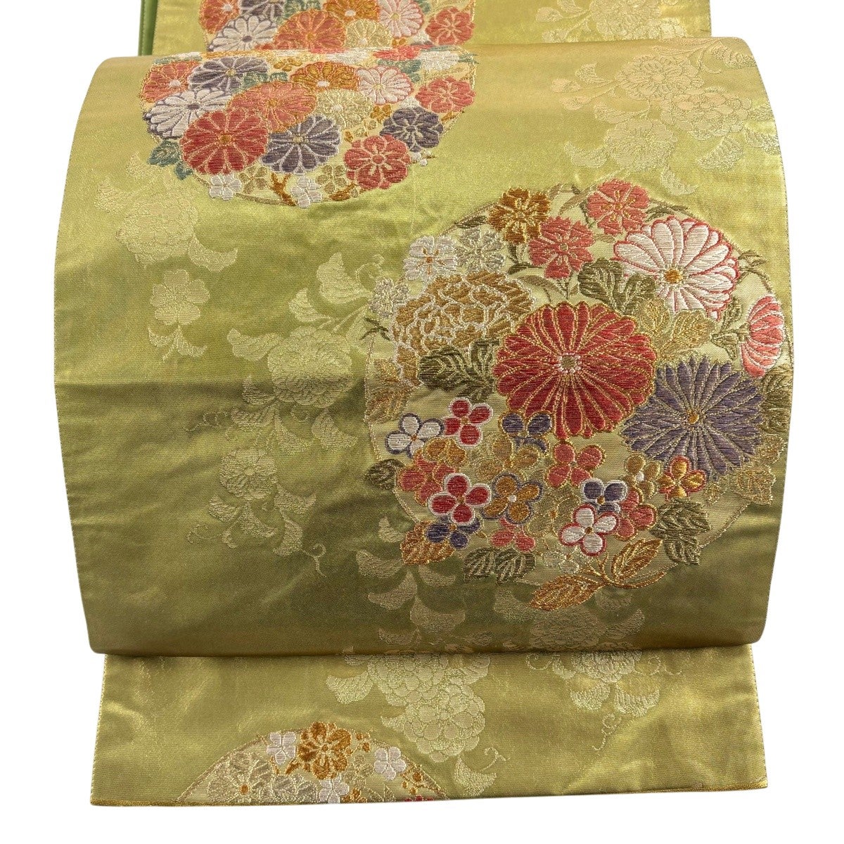 袋帯 秀品 関西仕立て 花丸文 菊 箔 金糸 抹茶色 六通 正絹｜中古