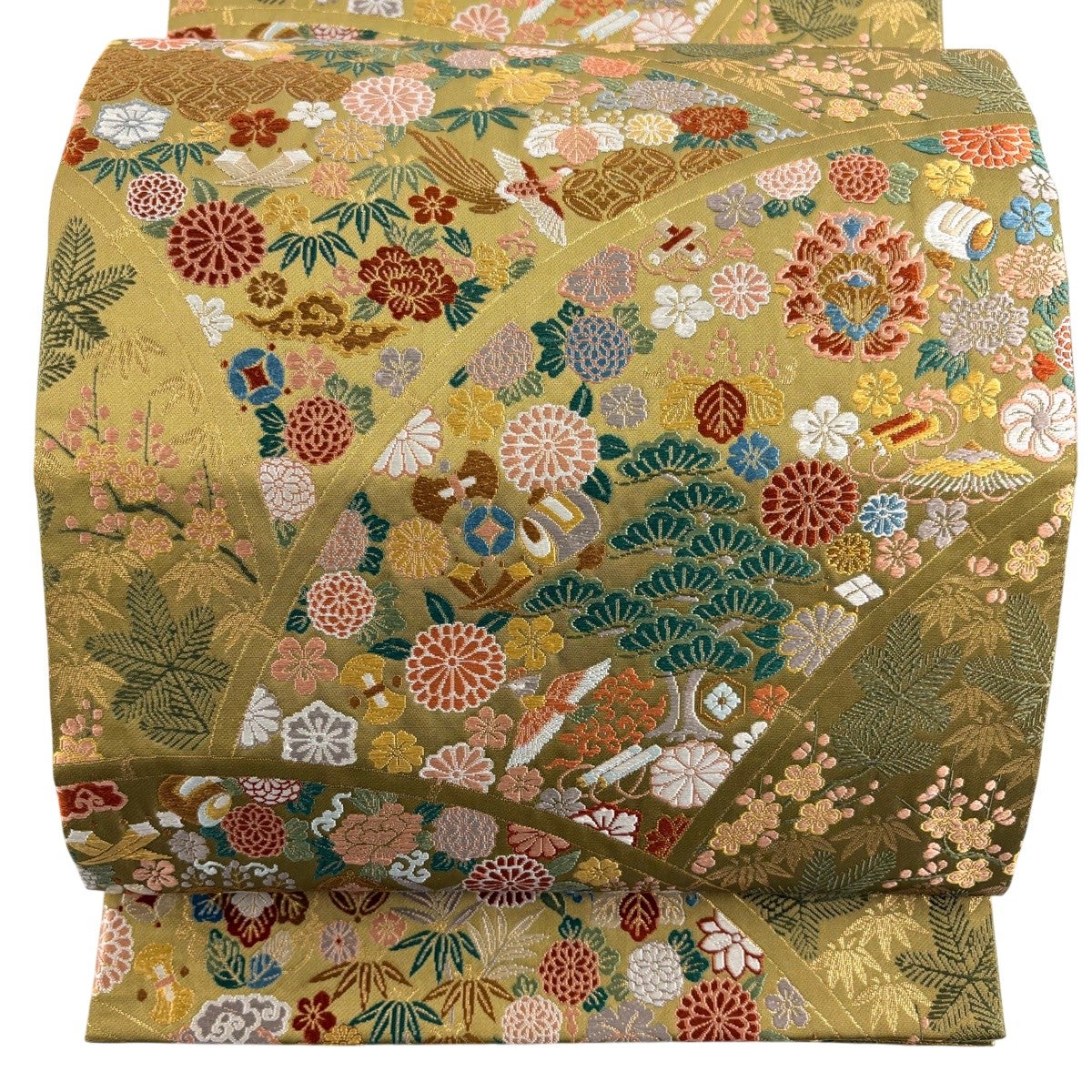 美品 袋帯 秀品 草花 宝尽くし 箔 唐織 鶯色 六通 正絹｜中古・