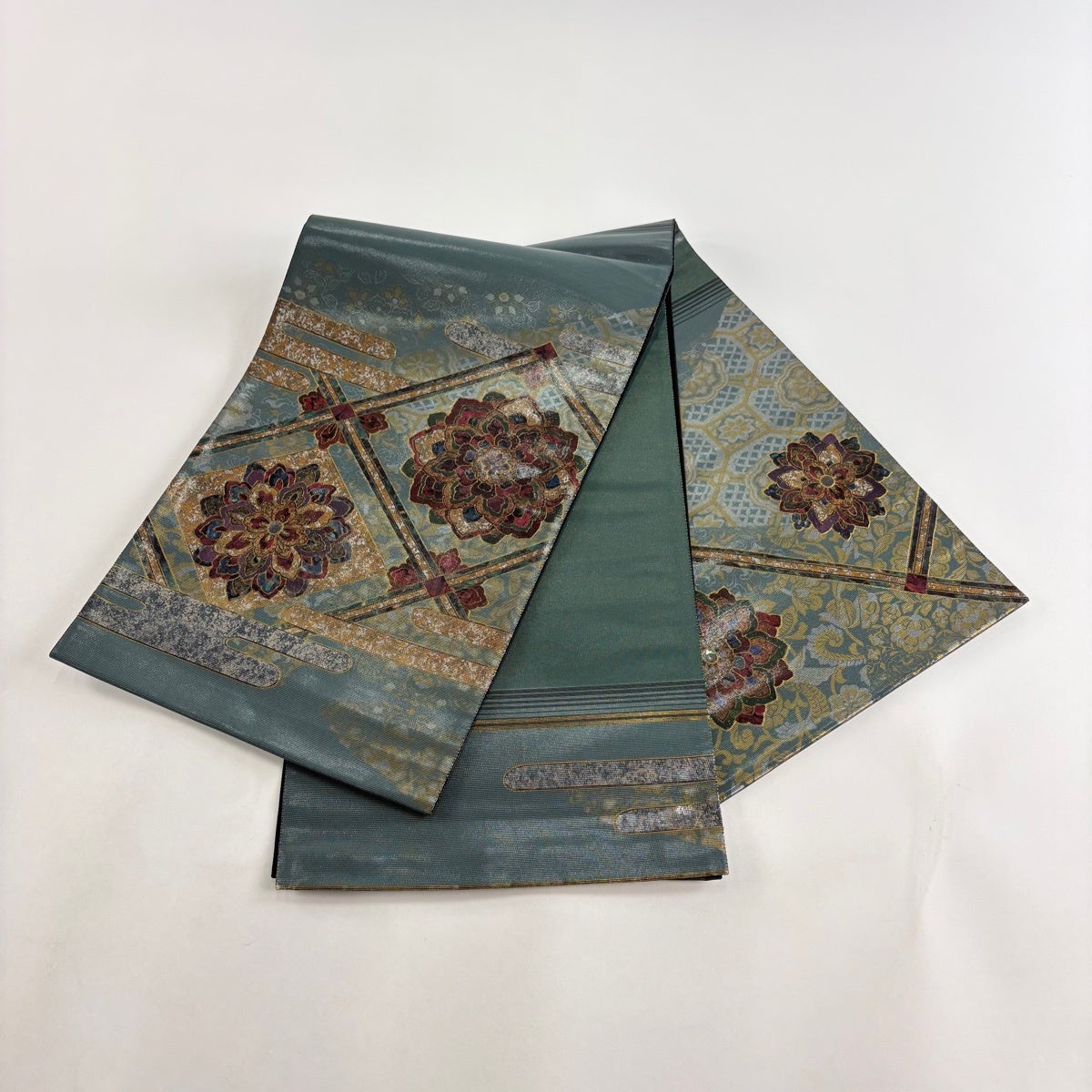 袋帯 秀品 関西仕立て 華文 ヱ霞 螺鈿 箔 深緑 お太鼓柄 正絹｜中古