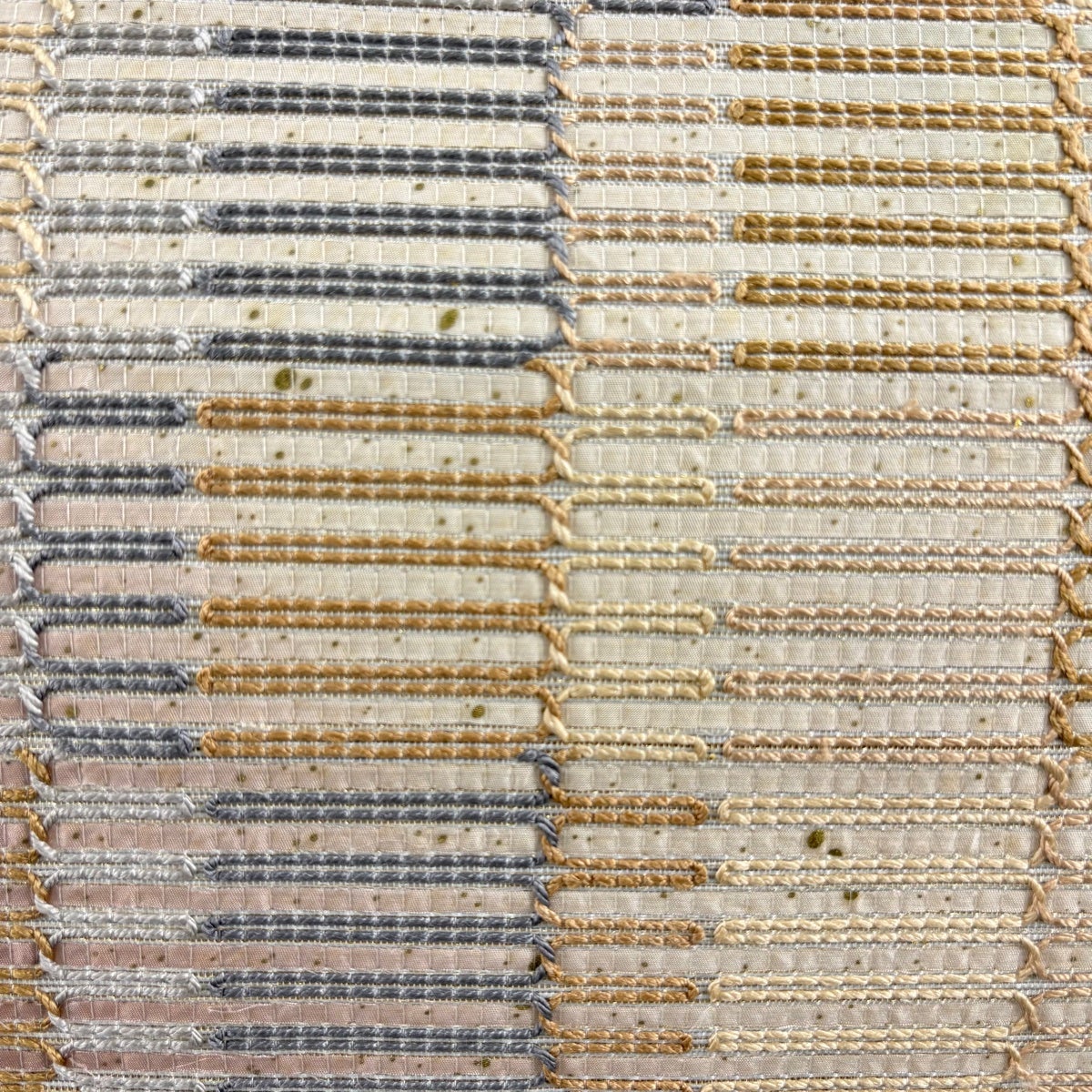 袋帯 秀品 幾何学模様 金糸 金彩 灰緑 お太鼓柄 正絹｜中古・古着