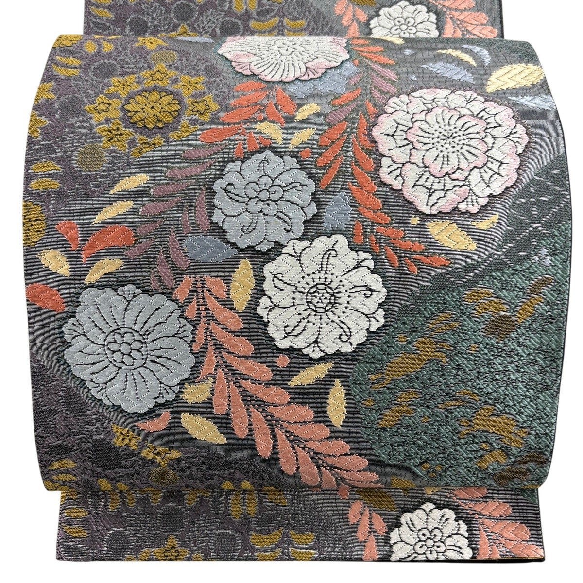 美品】 袋帯 秀品 吟遊辻が花龍田川文 辻が花 うさぎ 箔 唐織 灰緑 六