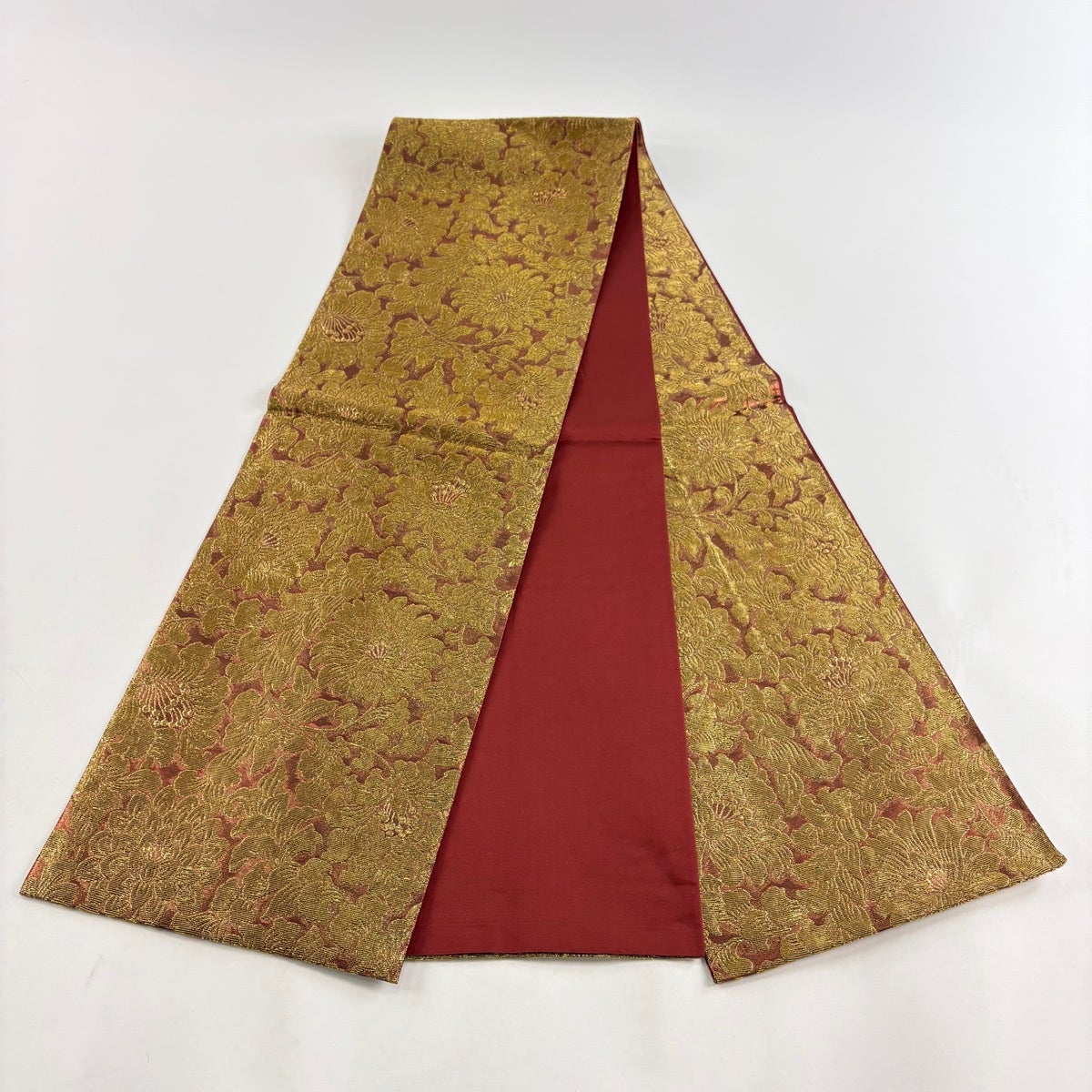 美品】 袋帯 秀品 花唐草 金糸 箔 赤茶 全通 正絹｜中古・古着