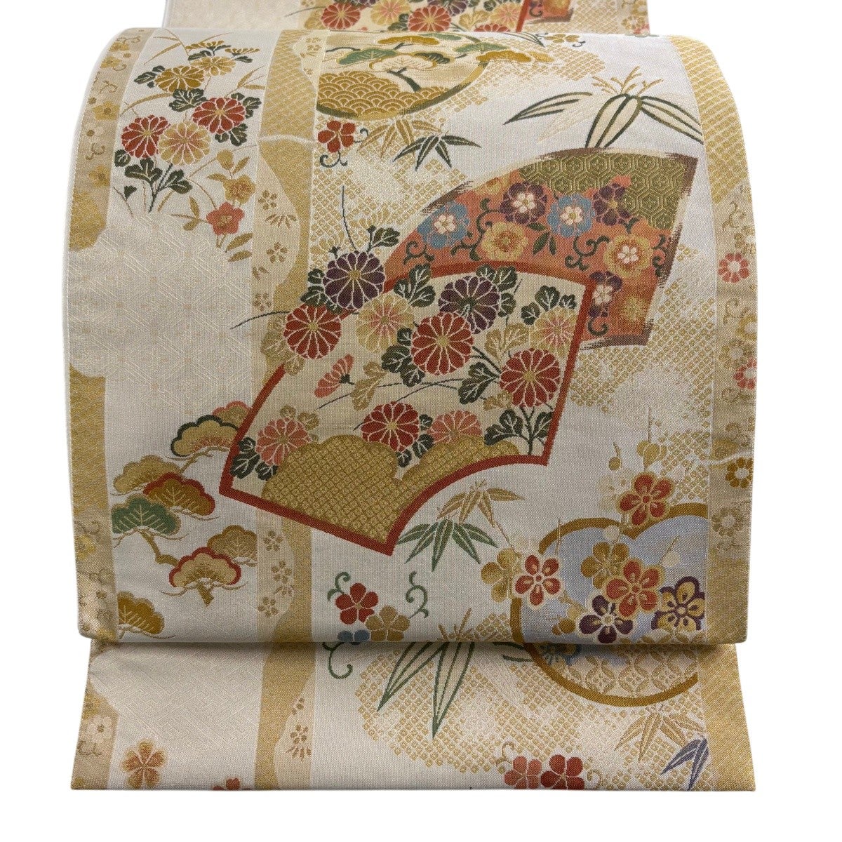 美品】 袋帯 秀品 扇面 松竹梅 金糸 クリーム 六通 正絹｜中古・古着