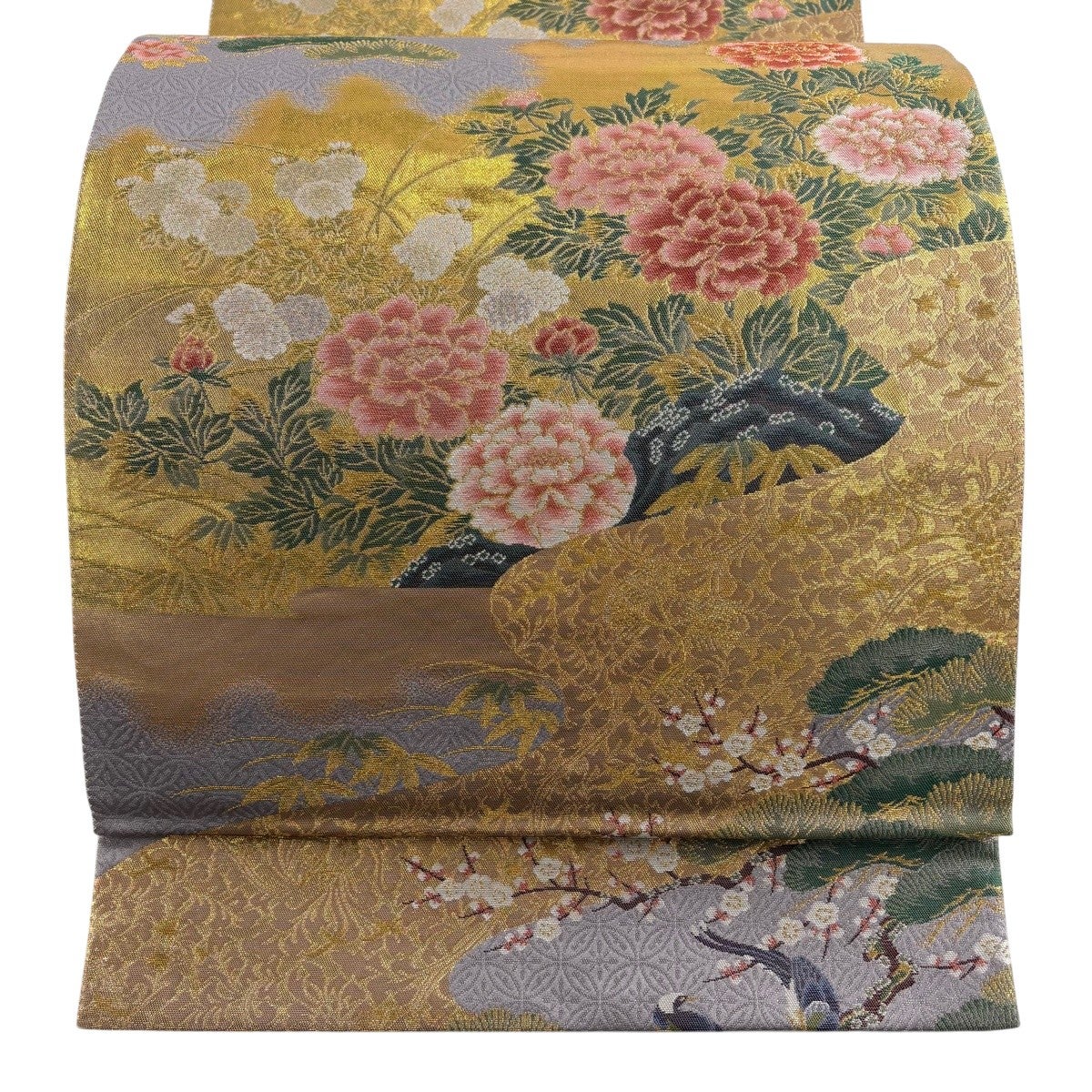美品】 袋帯 秀品 松竹梅 牡丹 金糸 箔 薄紫 六通 正絹｜中古・古着