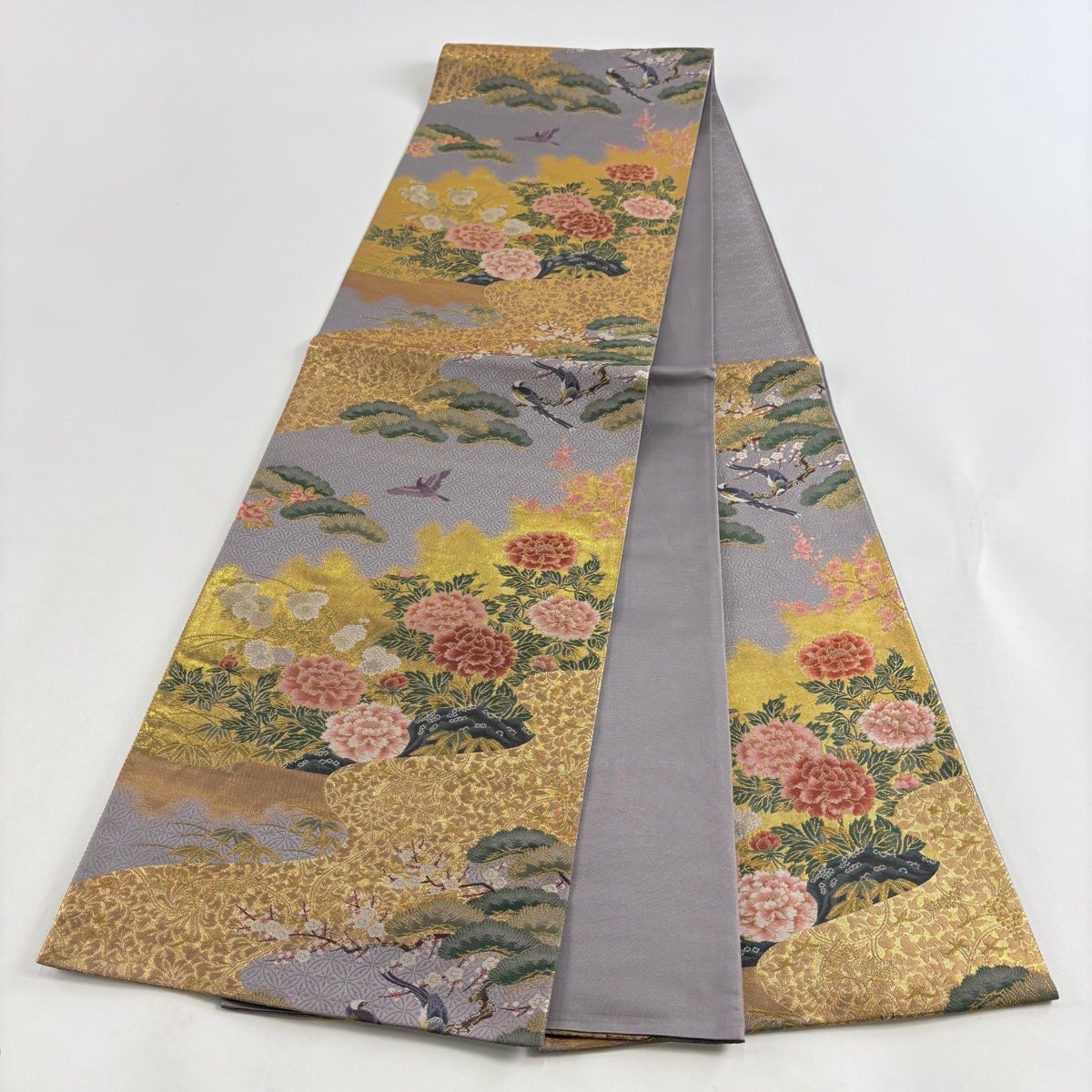 美品】 袋帯 秀品 松竹梅 牡丹 金糸 箔 薄紫 六通 正絹｜中古・古着