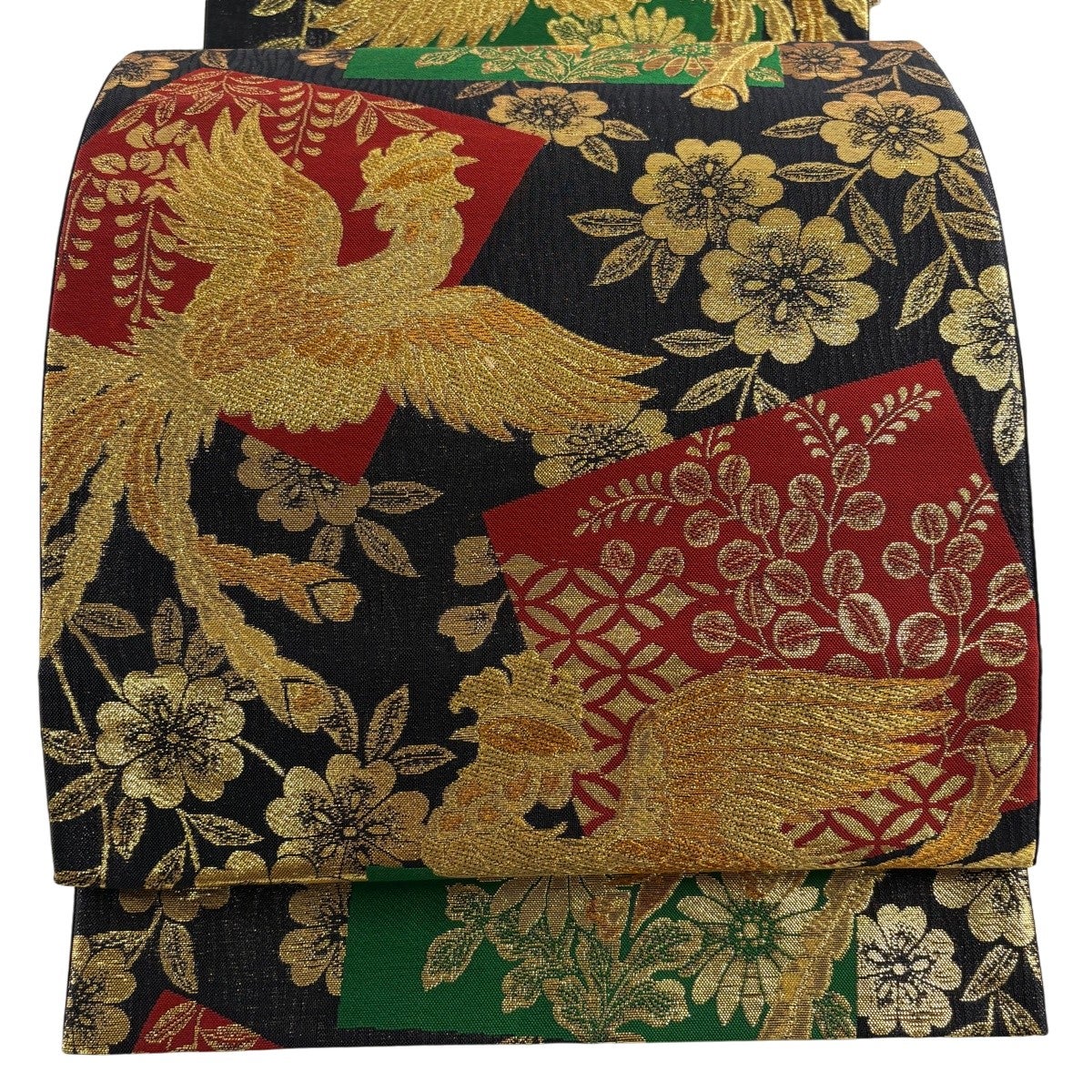 美品】 袋帯 秀品 花唐草 鳳凰 刺繍 金糸 灰色 お太鼓柄 正絹｜中古 