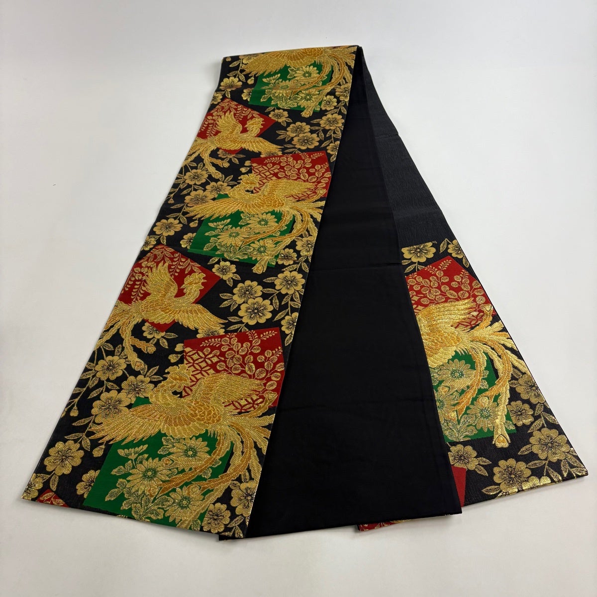 美品】 袋帯 秀品 桜 鳳凰 金糸 箔 墨色 六通 正絹｜中古・古着