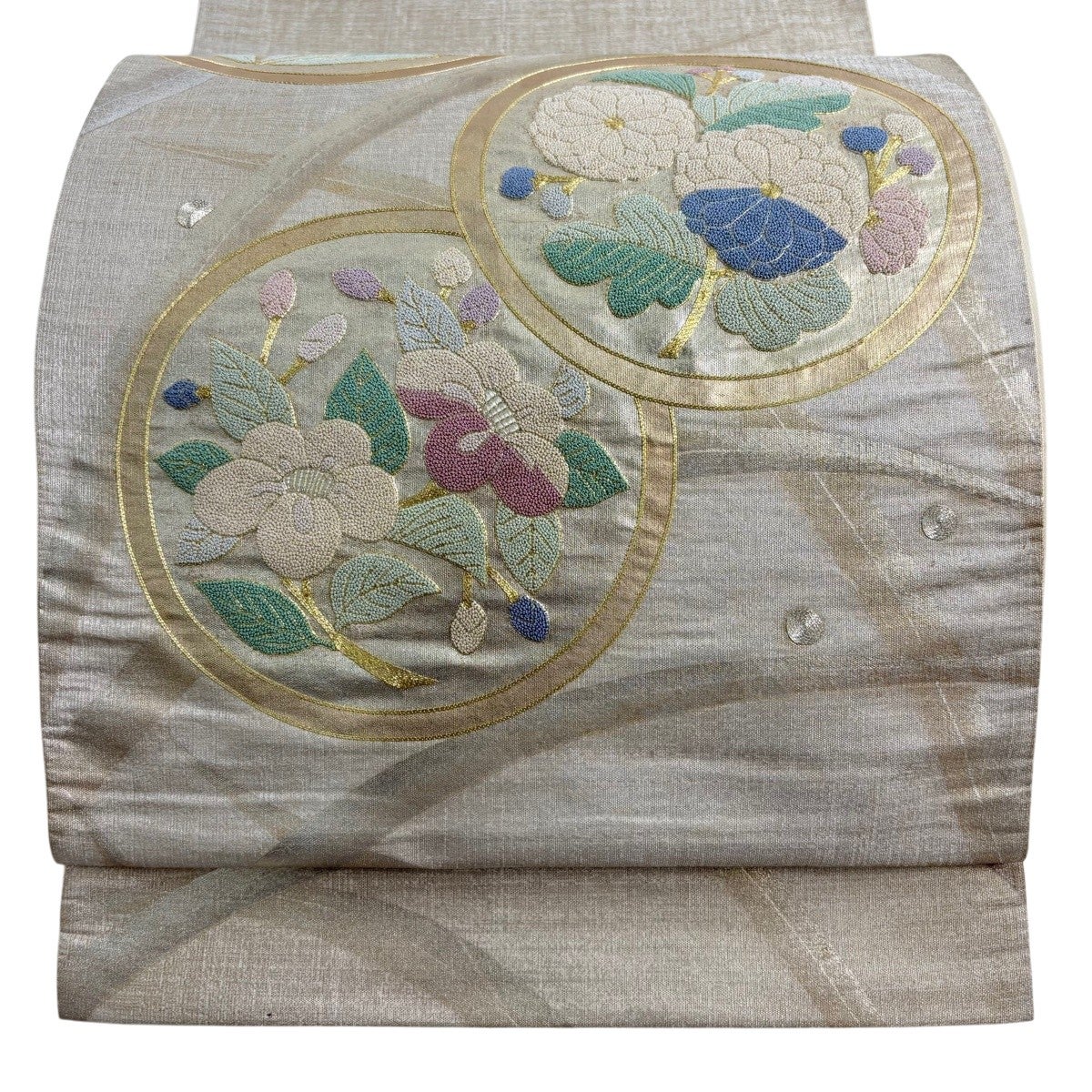 袋帯 秀品 枝花 露芝 金銀糸 金銀彩 灰白 お太鼓柄 正絹｜中古・古着
