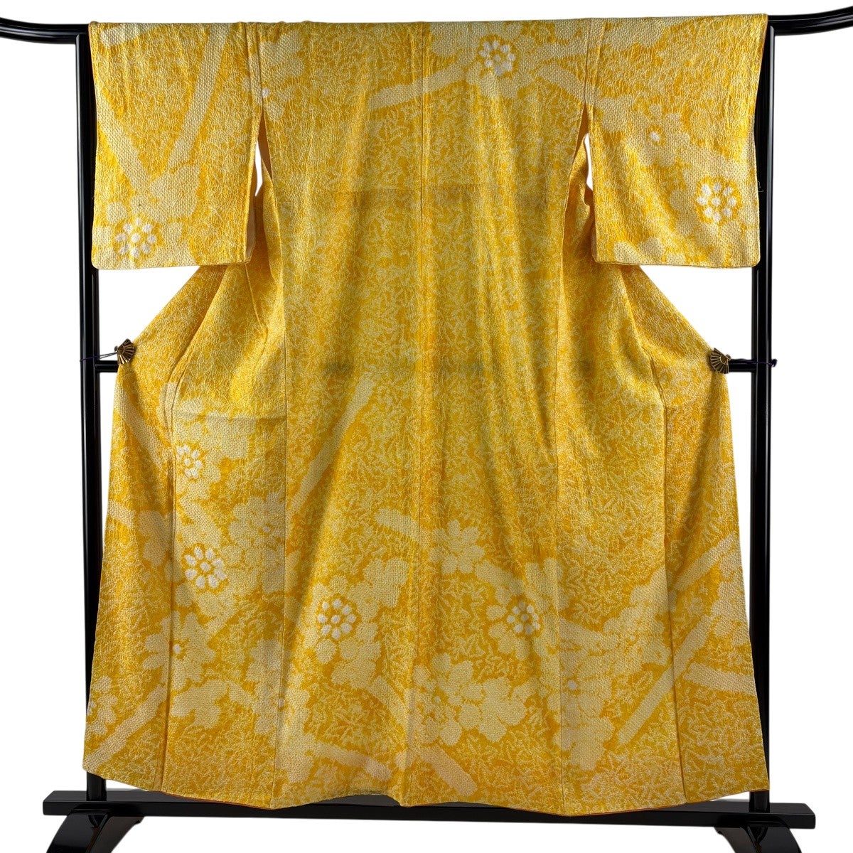 訪問着 身丈156.5cm 裄丈65cm M 袷 菊 葉 総絞り 黄色 正絹 優品｜中古
