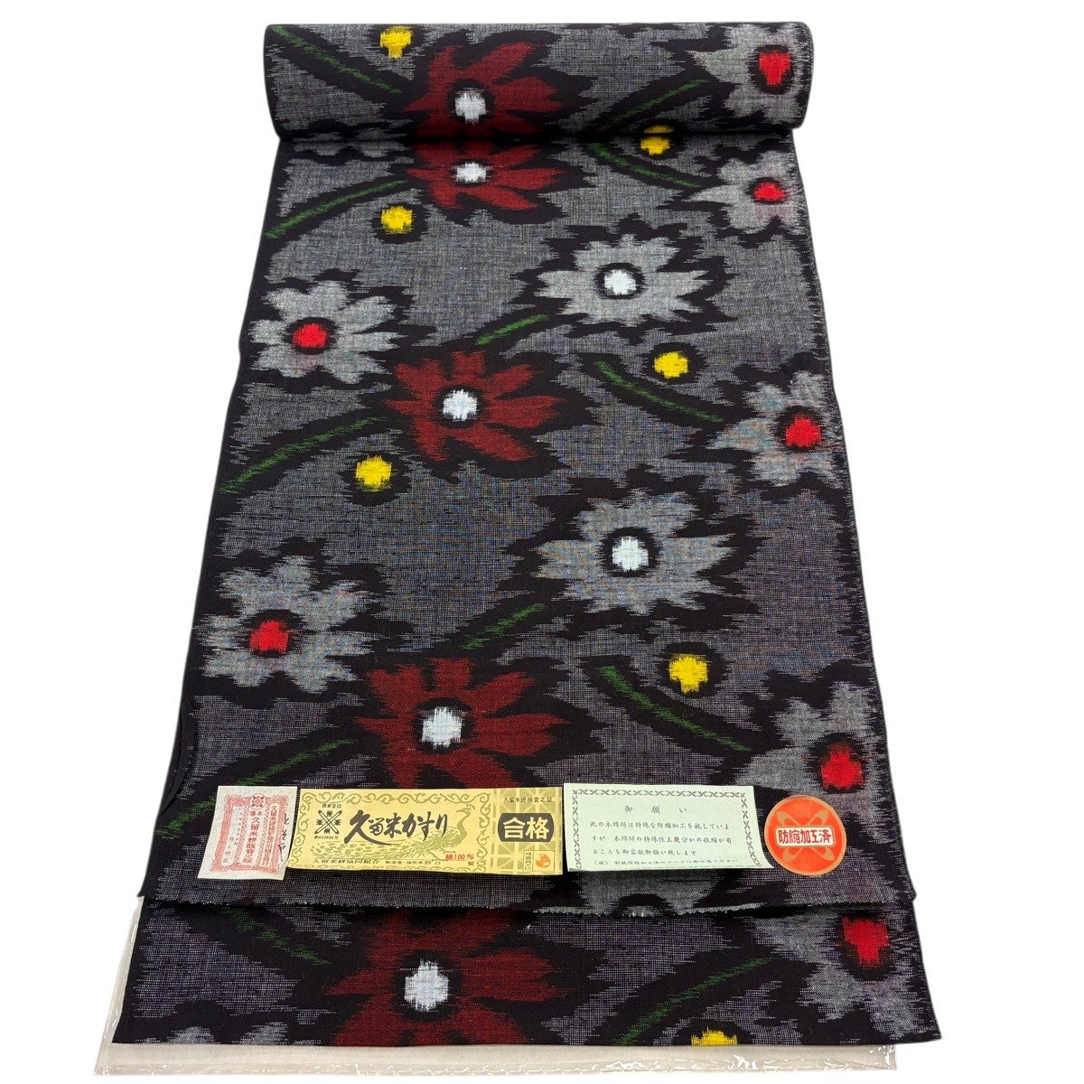 反物 名品 紬 久留米かすり 証紙有 花 黒灰 綿｜中古・古着
