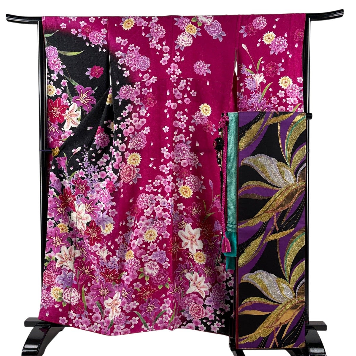 美品】 振袖 身丈160.5cm 裄丈65.5cm M 袷 袋帯フルセット 百合 桜