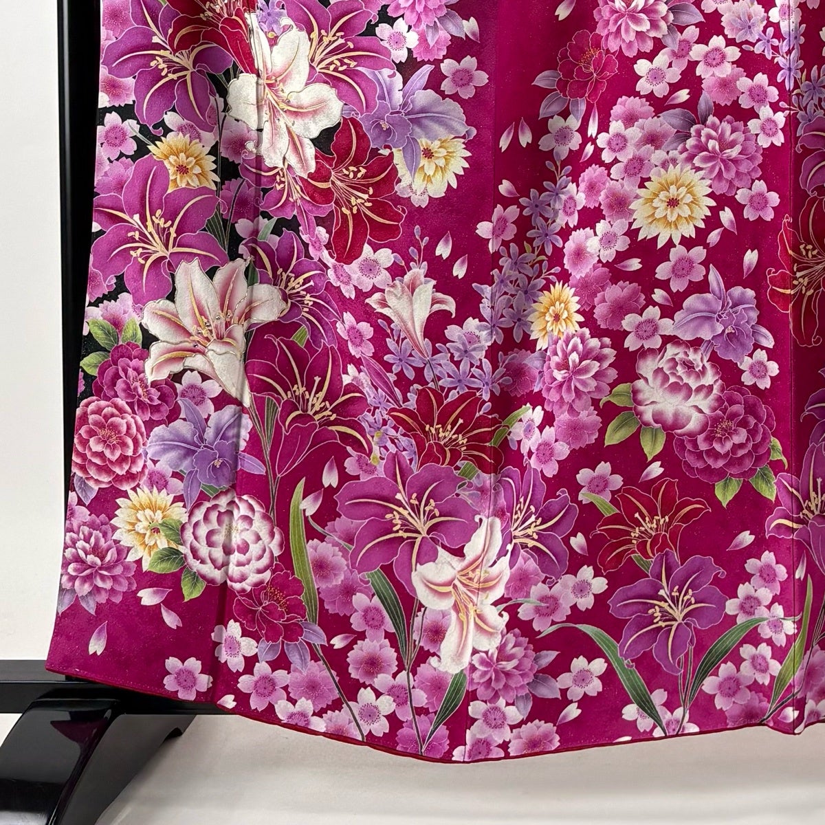 美品】 振袖 身丈160.5cm 裄丈65.5cm M 袷 袋帯フルセット 百合 桜