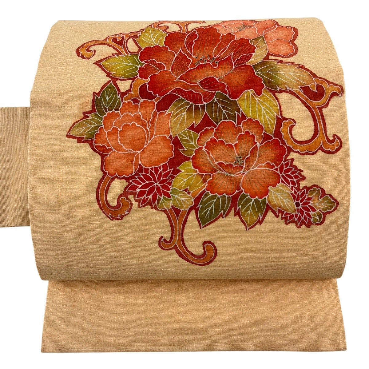 名古屋帯 優品 紬地 牡丹 菊 金彩 薄オレンジ 正絹｜中古・古着