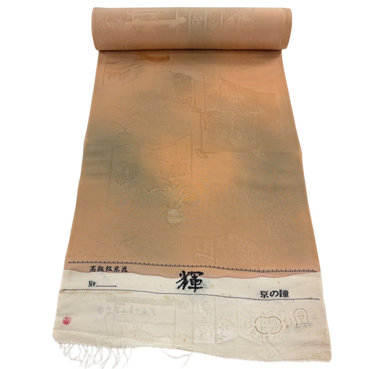 名古屋帯 秀品 紬地 草花 刺し子刺繍 薄オレンジ 正絹｜中古・古着