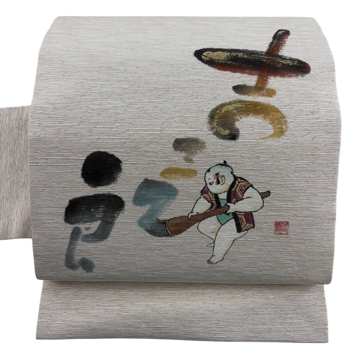 名古屋帯 秀品 落款あり 童 文字文 金彩 クリーム 正絹｜中古・古着