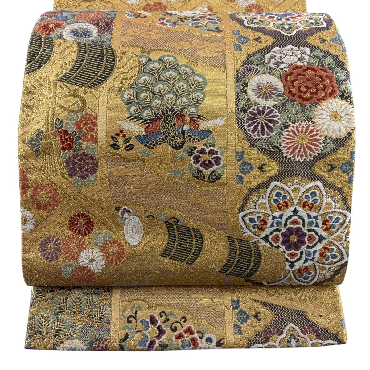 美品】 袋帯 秀品 孔雀 華文 箔 唐織 金色 六通 正絹｜中古・古着