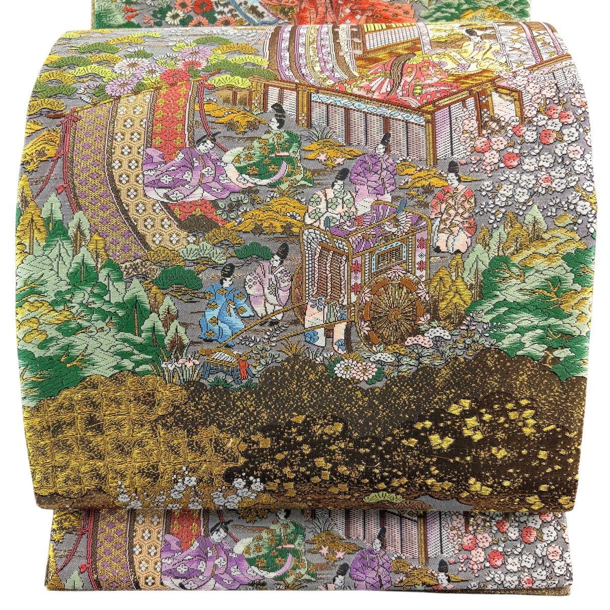 美品】 袋帯 秀品 御所風景 雲文 金糸 箔 金色 お太鼓柄 正絹｜中古