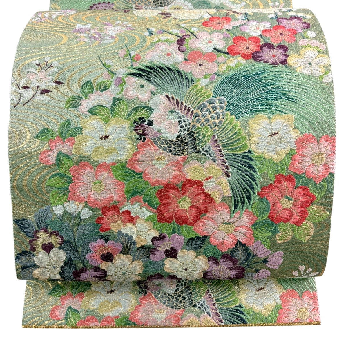 美品】 袋帯 秀品 草花 鳥 唐織 箔 薄緑 六通 正絹｜中古・古着