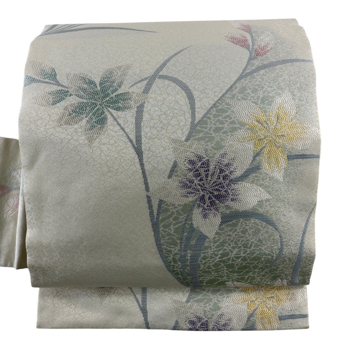 美品】 名古屋帯 秀品 草花 銀糸 灰緑 正絹｜中古・古着・リサイクル