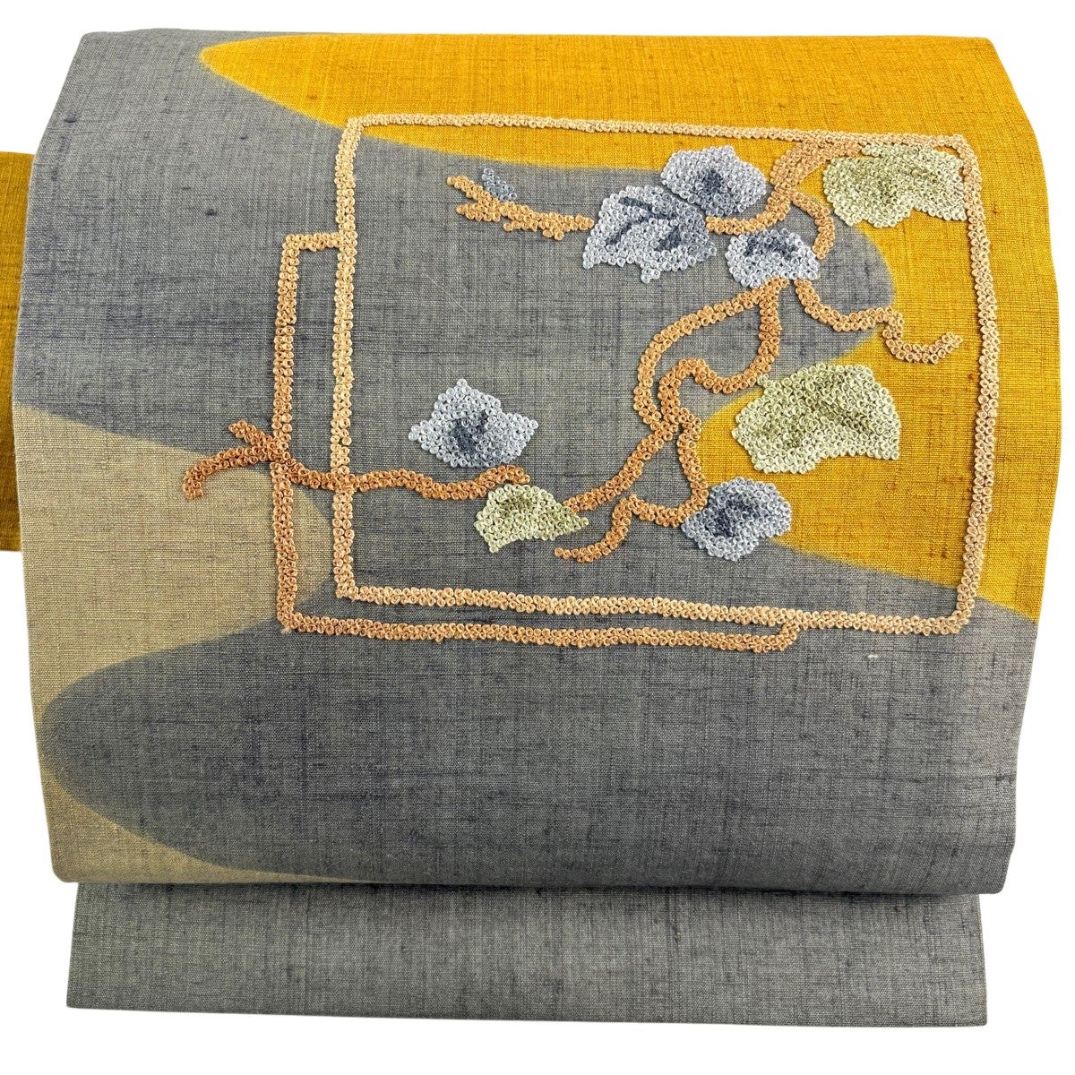 美品】 名古屋帯 秀品 紬地 蔦 霞 相良刺繍 灰緑 正絹｜中古・古着