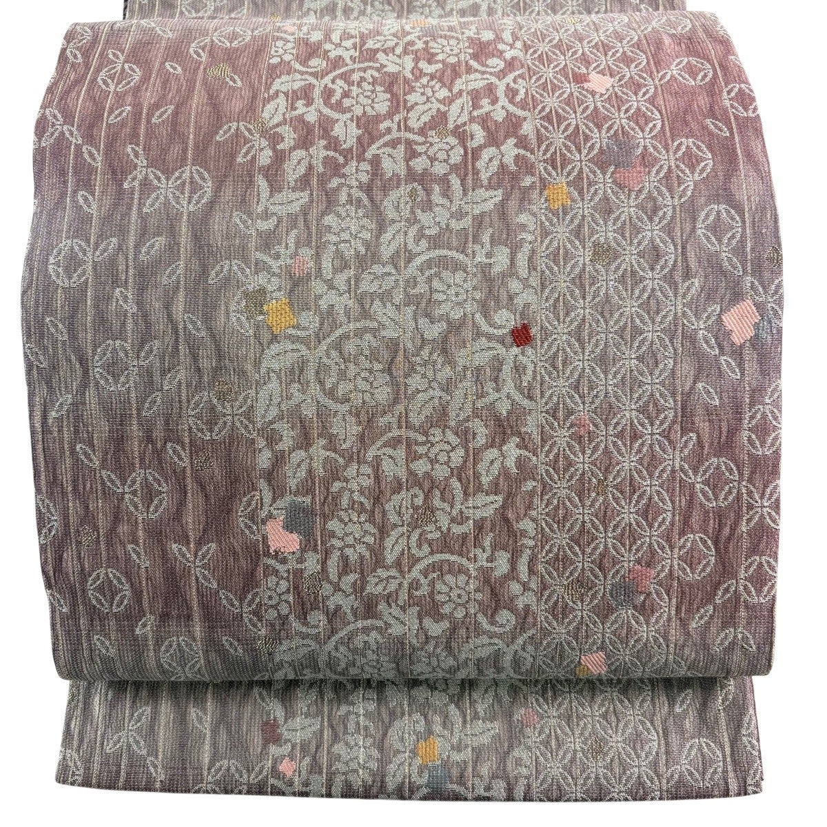 開き名古屋帯 秀品 やまと 花唐草 七宝 箔 ぼかし 灰紫 正絹｜中古