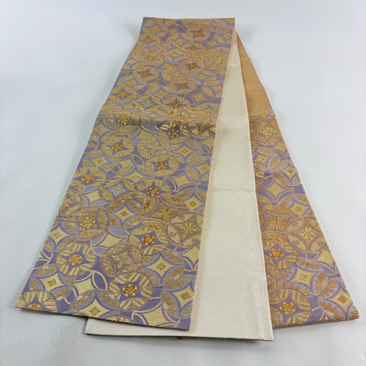 美品】 袋帯 名品 松竹梅 七宝 金銀糸 箔 薄紫 六通 正絹｜中古・古着