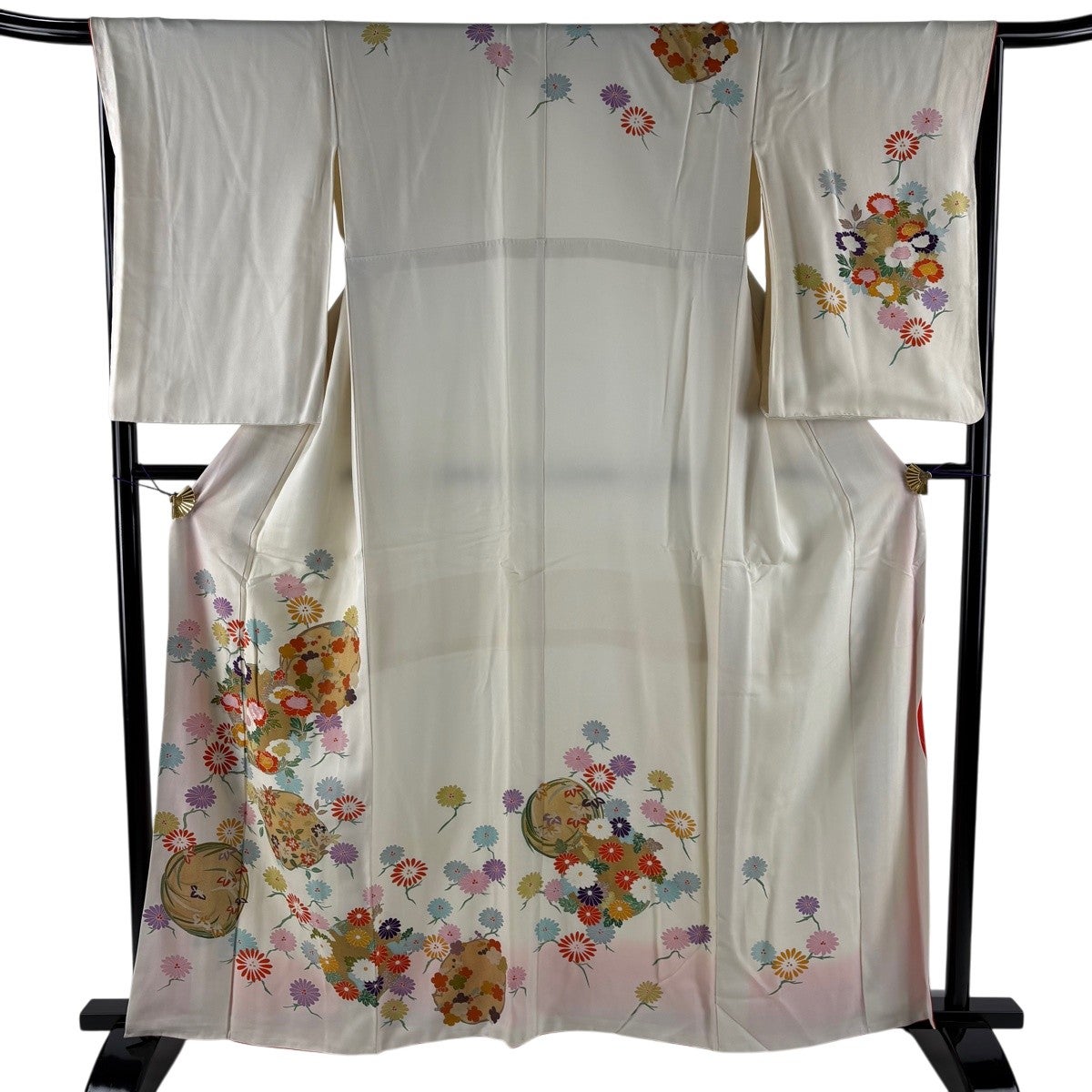 訪問着 身丈162cm 裄丈66cm M 袷 花丸文 草花 金通し 刺繍 灰白 正絹
