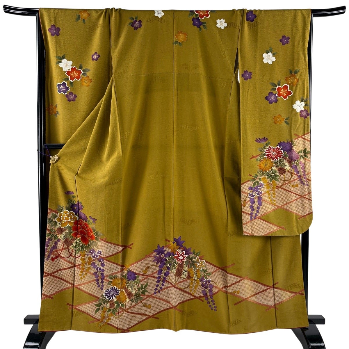 振袖 身丈166cm 裄丈68.5cm L 袷 草花 ハープ 金銀彩 茶緑色 正絹 秀品