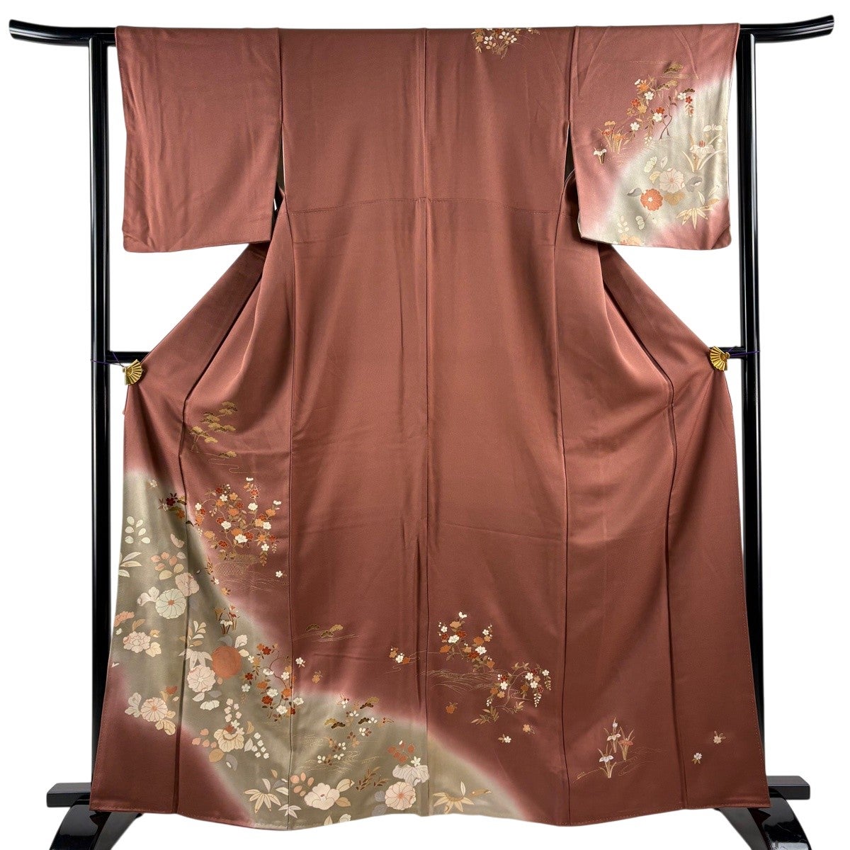 訪問着 身丈163cm 裄丈62cm S 袷 草花 秋草 金彩 ぼかし 小豆色 正絹