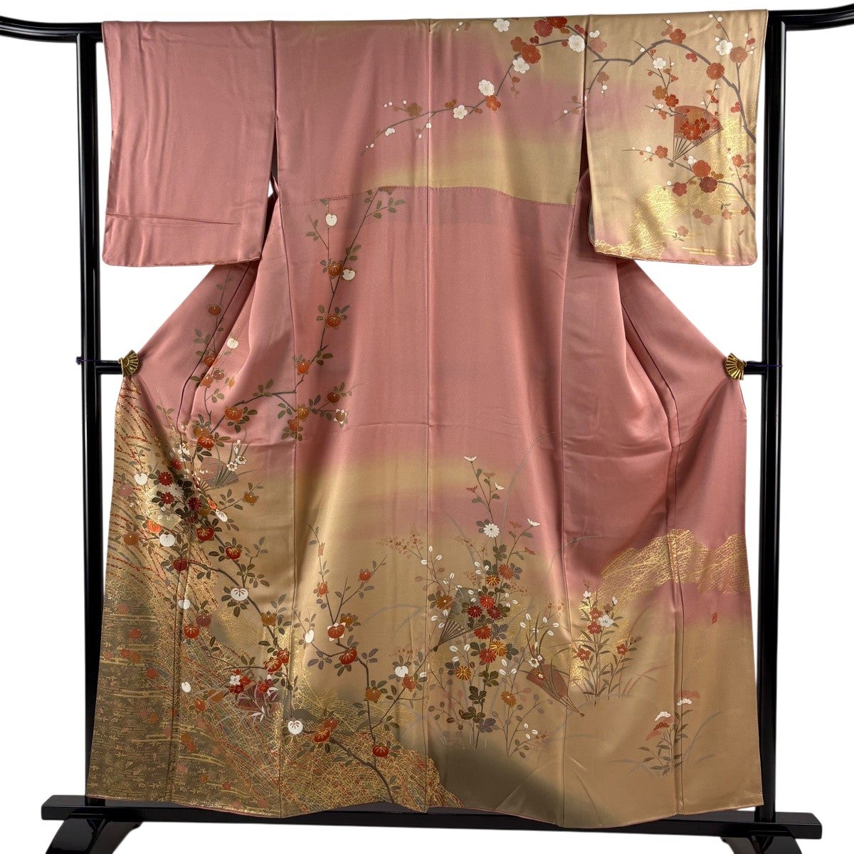 訪問着 身丈158cm 裄丈63cm S 袷 落款あり 扇 橘花 刺繍 金彩 ピンク