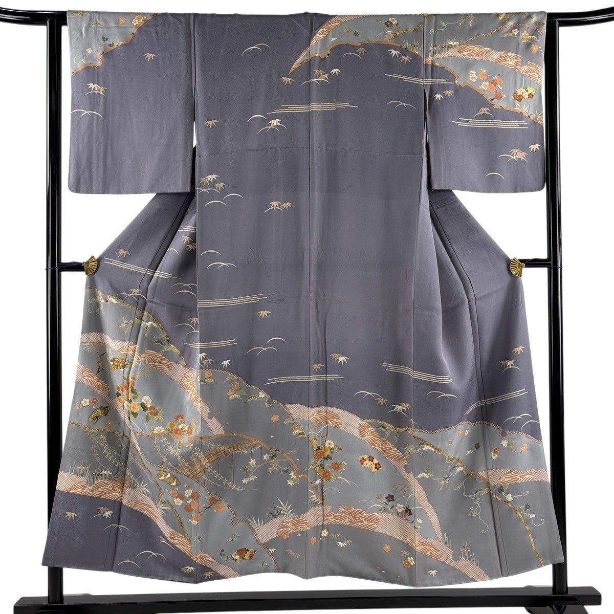 訪問着 身丈160cm 裄丈63cm S 袷 梅 菊 絞り 金彩 青灰色 正絹 秀品