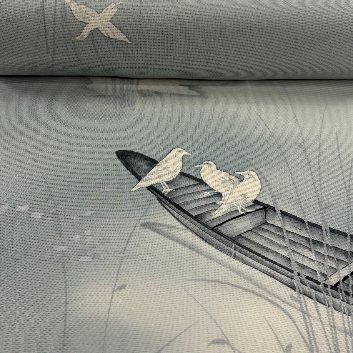 反物 秀品 夏物 付下げ 絽 舟 鳥 ぼかし 青灰色 正絹｜中古・古着