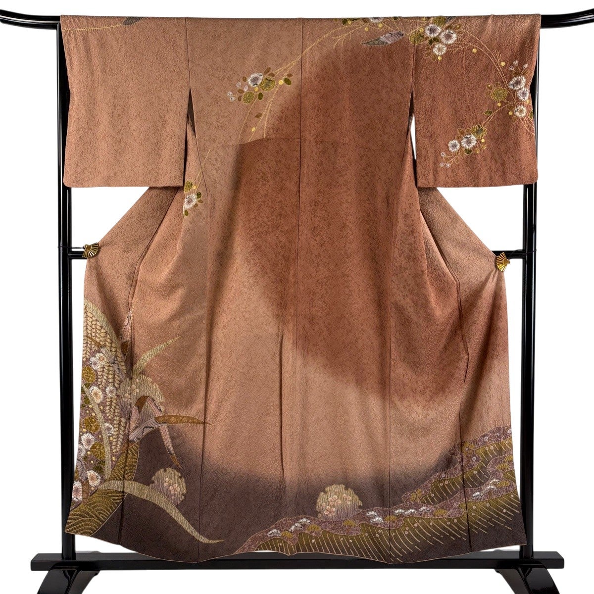 付下げ 身丈162cm 裄丈66cm M 袷 松葉 楓 金彩 赤茶 正絹 秀品 一つ紋