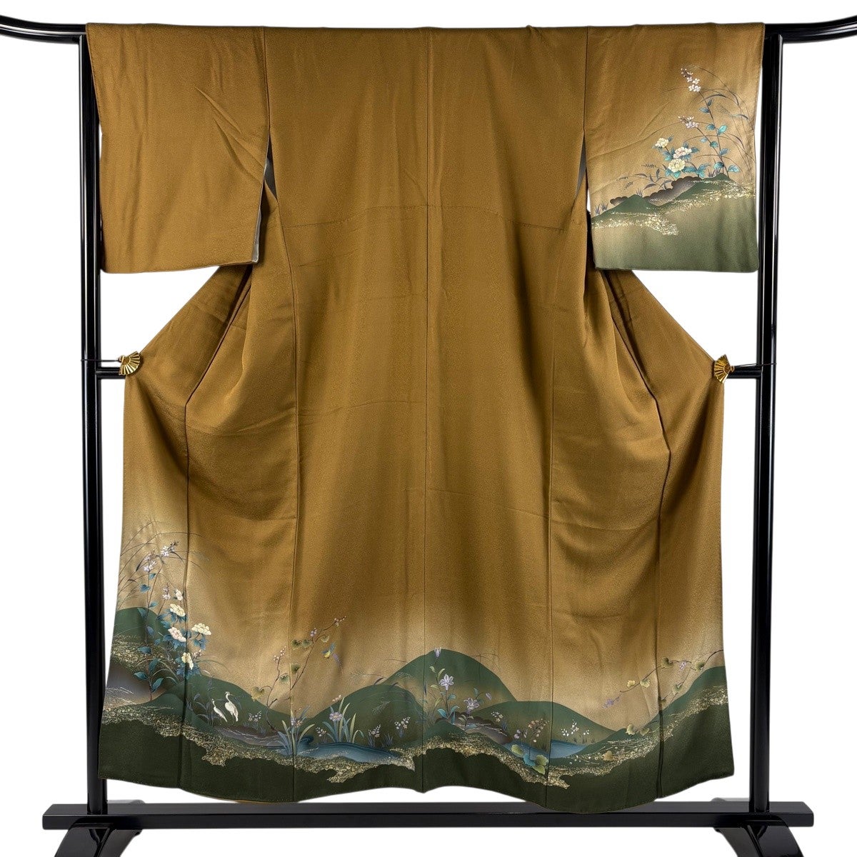 新古品！美品＊麻素材＊墨絵風＊楼閣山並風景＊夏物＊訪問着＊１５９ｃｍ＊裄６７ 訪問着 身丈154cm 裄丈64.5cm M 袷 草花 山並み 金銀彩 ぼかし 茶色