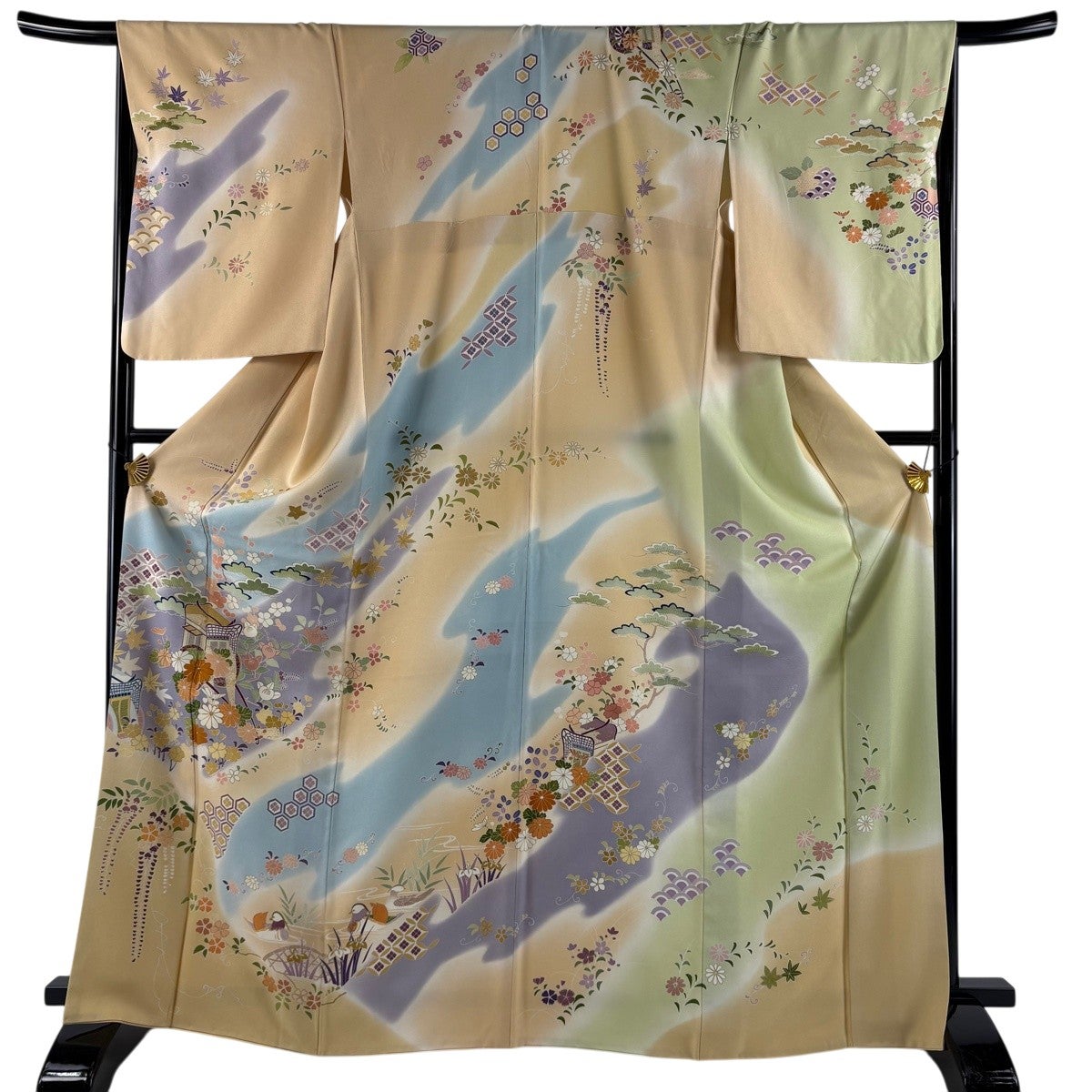千總　訪問着　パステル　クリーニング済　落款あり　身丈155裄丈64 訪問着 身丈167.5cm 裄丈67.5cm L 袷 千總 落款あり 御所車 草花 金糸