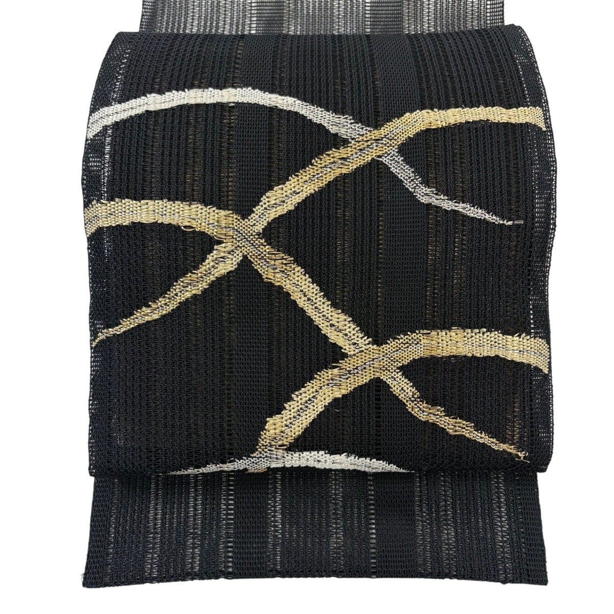 美品】 名古屋帯 秀品 夏帯 絽 幾何学 金銀糸 箔 黒 正絹｜中古・古着
