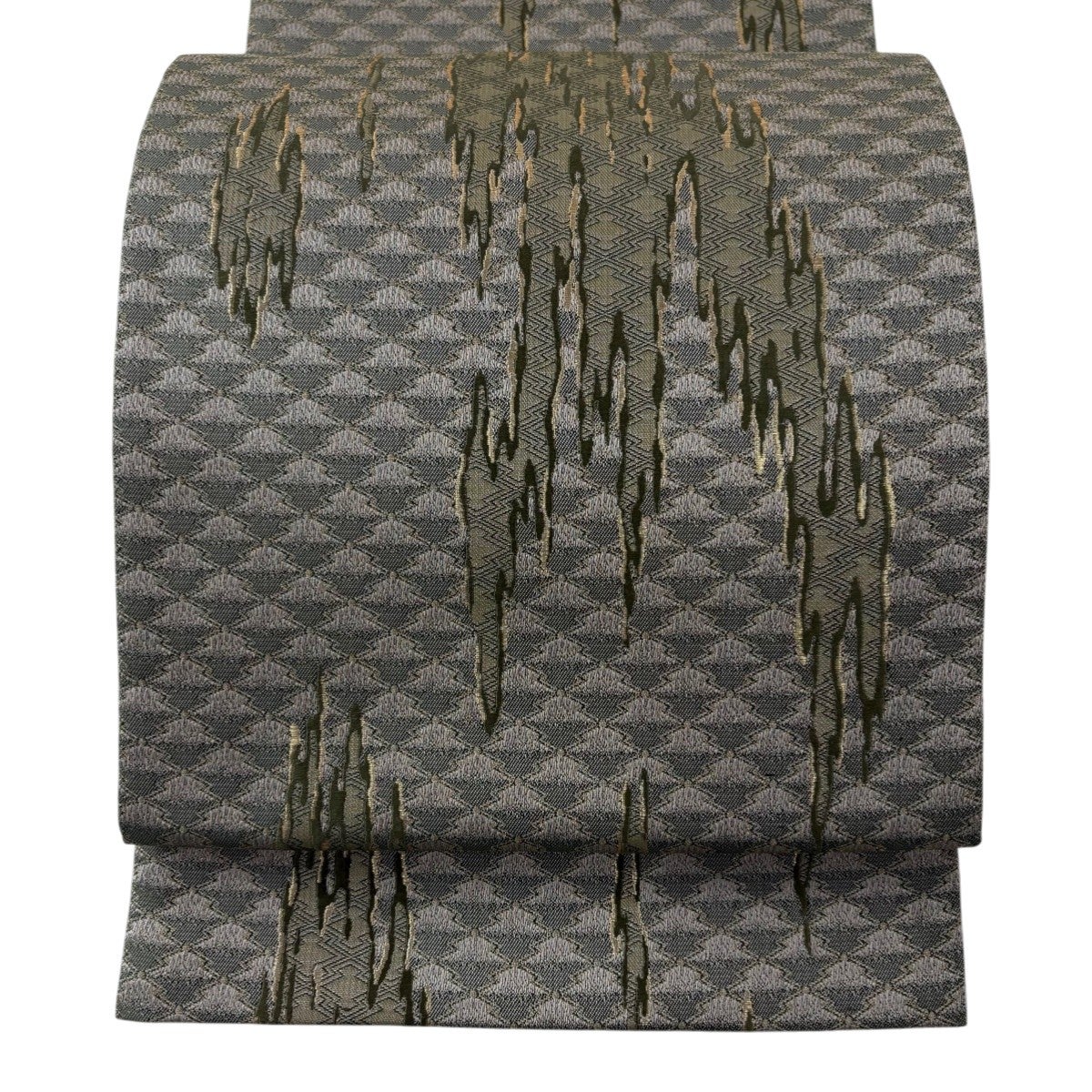 美品】 袋帯 名品 花菱 幾何学模様 金銀糸 箔 銀色 六通 正絹｜中古