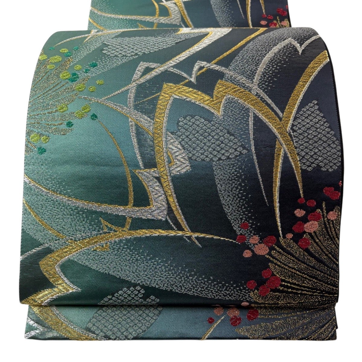 美品】 袋帯 名品 桜 草花 金銀糸 箔 灰緑 全通 正絹｜中古・古着