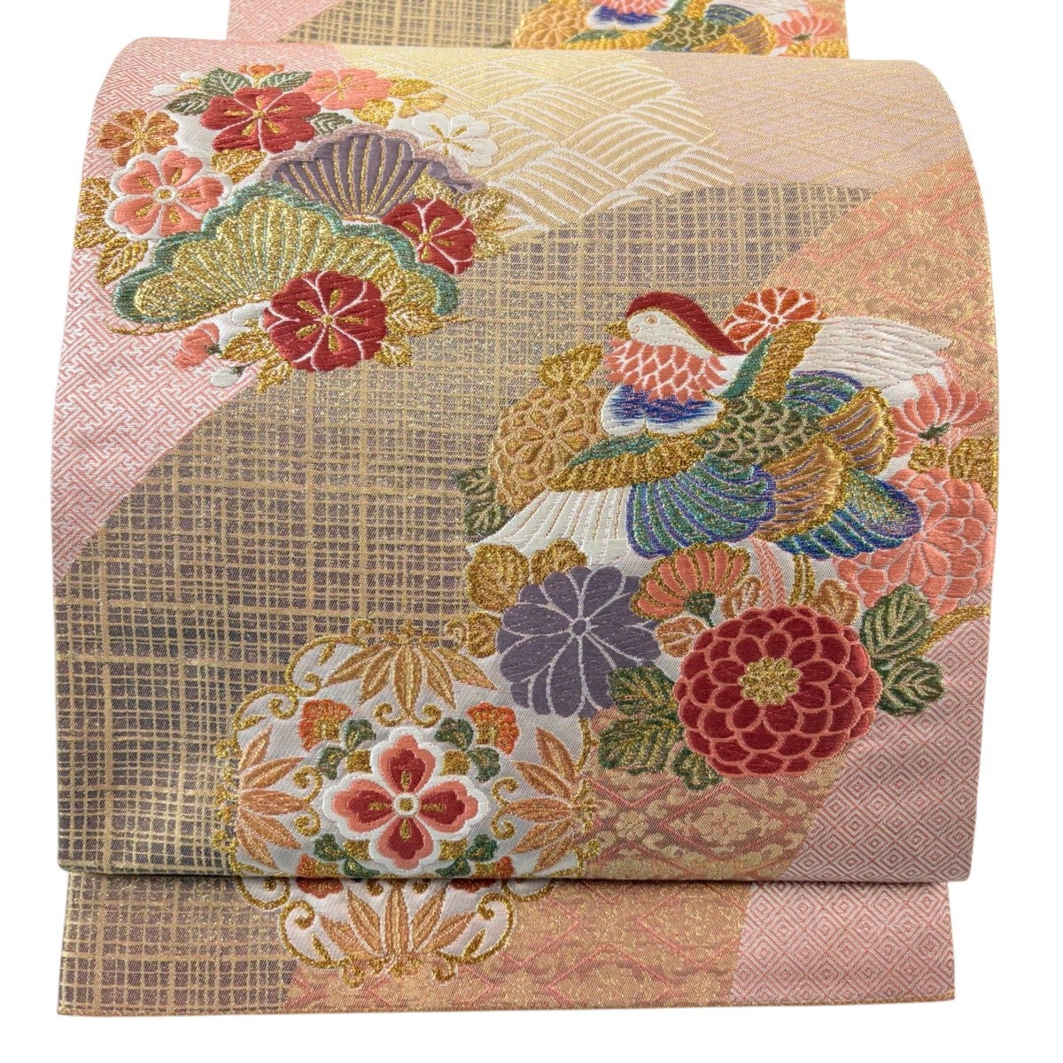 袋帯 名品 花丸文 金糸 箔 ベージュ 六通 正絹｜中古・古着